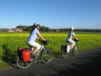 Fietsers op de Germanenroute in het Osnabrücker Land Fietsers op de Germanenroute in een glooiend landschap met bloeiende raapzaadvelden in het Osnabrücker Land