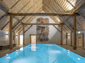 Alfen Saunaland am Alfsee Ferien- und Erholungspark Holzstrukturen über einem beleuchteten Indoor-Pool mit dekorativer Wandkunst.