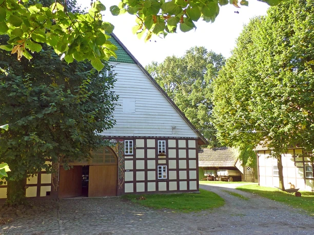 Ein historisches Fachwerkgebäude mit weißer Holzverkleidung, umgeben von üppigen grünen Bäumen.