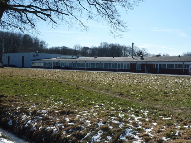 Die Balda-Kamerawerke Fabrikgebäude mit flachem Dach, umgeben von Bäumen und einem Feld mit Gras und Schneeresten.