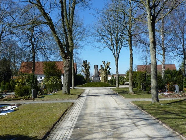 Der Erika-Friedhof Erika-Friedhof mit geradem Weg, gesäumt von hohen Bäumen, dahinter Wohnhäuser und Denkmäler sichtbar.