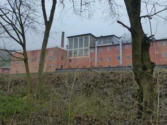 Backsteinbau einer historischen Zuckerfabrik zwischen kahlen Bäumen, bewölkter Himmel im Hintergrund.