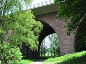 Die Finnenbachbrücke Backsteinbrücke mit zwei Bögen, eingebettet in eine grüne Waldlandschaft und überdacht von Bäumen.