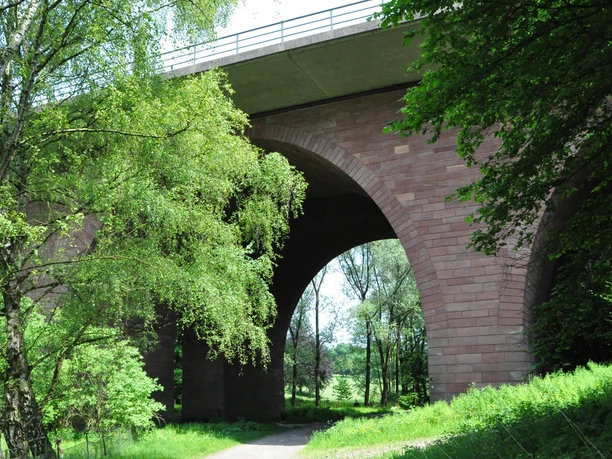 Backsteinbrücke mit zwei Bögen, eingebettet in eine grüne Waldlandschaft und überdacht von Bäumen.