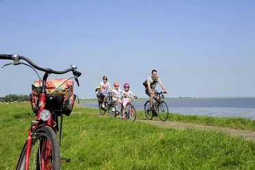 radtour-friesen-und-dithmarscher-wesselburen-dithmarschen-tourismus Familie radelt am Wasser auf einem Deichweg