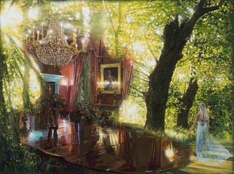 Miracle, 2026, Mischtechnik auf Leinwand, 135 x 180 cm Surreale Waldszene mit Kronleuchter, Salon und Frau im hellen Kleid