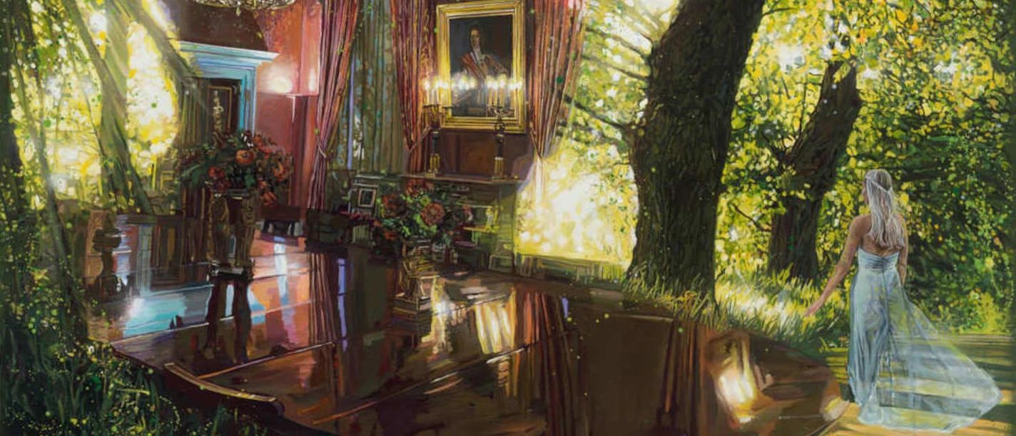Miracle, 2026, mixed media on canvas, 135 x 180 cm Surreal forest scene featuring a chandelier, a salon, and a woman in a light-colored dress
