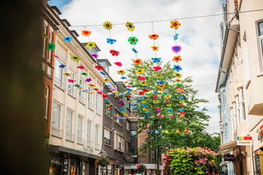 Farbenfrohe Blumendekoration über der Einkaufsstraße Mittlere Berliner Straße in Gütersloh.