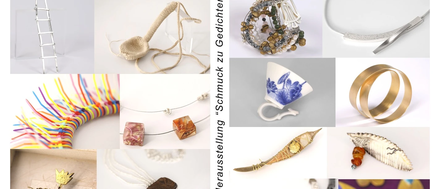 A collage featuring artistic jewelry pieces and design objects from the Cologne SchmuckForum