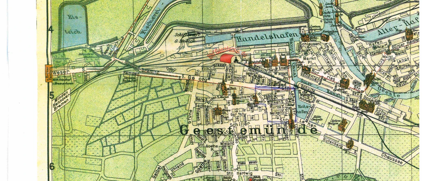 Historischer Pharus-Plan von Bremerhaven, Geestemünde und Lehe mit Hafen und Weser.