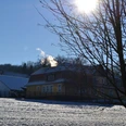 Winterliche Landschaft mit einem schneebedeckten Haus, kahlen Bäumen und strahlender Sonne.