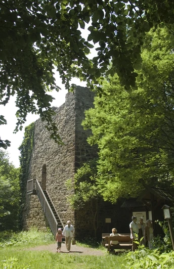 Limberg Eine alte Steinruine mit Außentreppe umgeben von üppigem Grün, Menschen spazieren und sitzen nahebei.