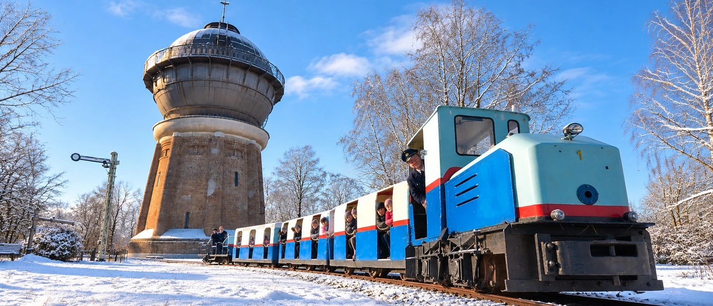 Winterliche Museumsbahn am Wasserturm