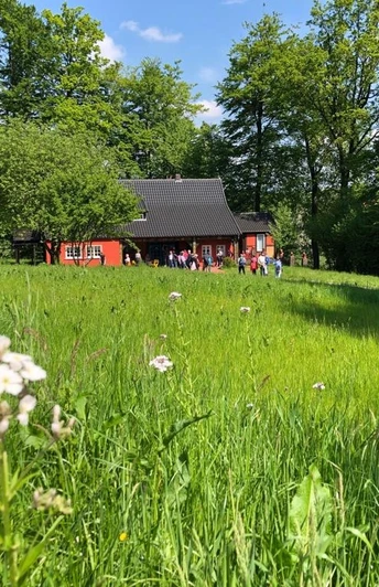 Eltern-/Künstlerhaus des Malers P. A. Böckstiegel Rotes Holzhaus inmitten einer grünen Wiese und umgeben von Bäumen unter blauem Himmel.