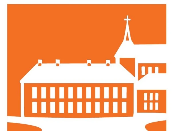Logo der Clarholzer Klosterwälder: Silhouette eines stilisierten Klosters in orange-weiß.