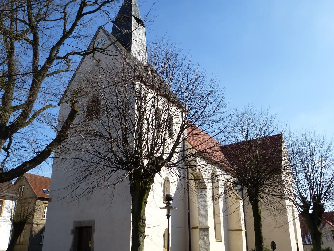 Historische Kirche mit weißem Putz und rotem Dach, von kahlen Bäumen umgeben, unter blauem Himmel.