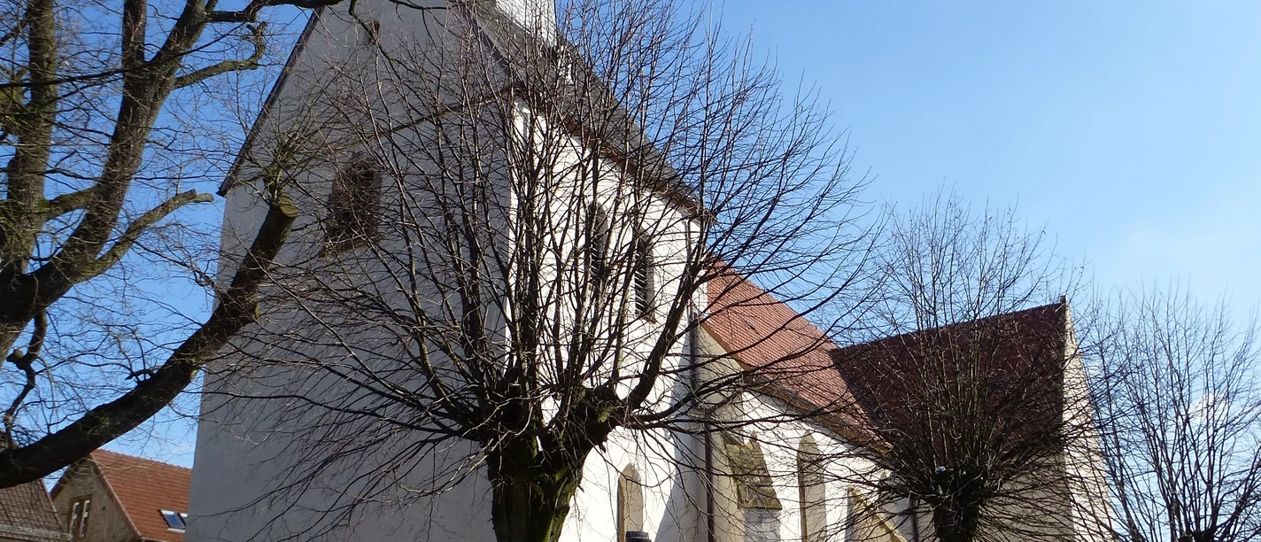 Historische Kirche mit weißem Putz und rotem Dach, von kahlen Bäumen umgeben, unter blauem Himmel.
