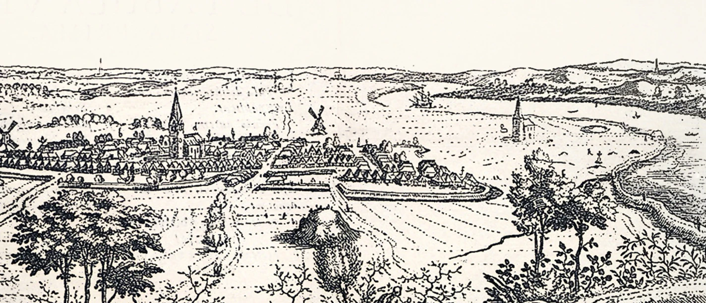 200 Jahre Bremerhaven-750 Jahre Lehe. Historische Zeichnung von Lehe mit Dorf, Kirche, Feldern und Flusslandschaft.