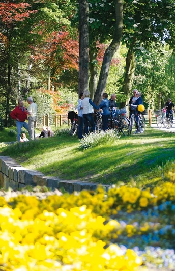Personen genießen einen sonnigen Tag auf einem Grünstreifen mit bunten Blumen und umgeben von Bäumen.