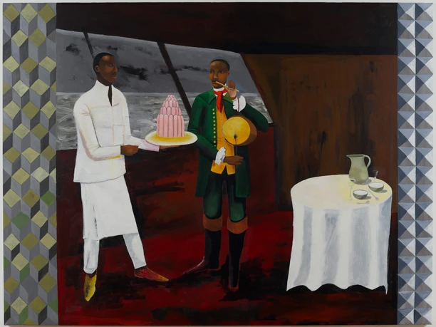 Lubaina Himid, Le Rodeur: The Cabin Lubaina Himids Le Rodeur: zwei Figuren in einer Schiffskajüte mit Dessert und gedecktem Tisch.