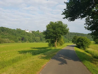 1b_hx_zbih_weserradweg_blickauffuerstenberg_stephanberg Grüne Landschaft mit einer asphaltierten Radwegstrecke, die durch Felder und Bäume führt, im Hintergrund Hügel.