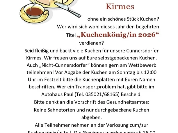 IMG_20261006_092726 Man sieht einen Teller mit Torte und eine Tasse Kaffee sowie Aufruf zur Kuchenkönigin