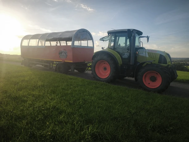 Wolle's Eventfahrten Grüner Traktor mit rotem Planwagen auf Feldweg bei tief stehender Sonne