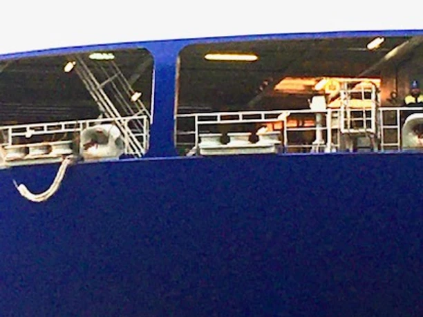 Bremerhaven aus Sicht einer Künstlerin Blaues Schiff mit beleuchtetem Deck hinter grünem Zaun, künstlerisch verfremdet.