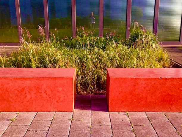 Bremerhaven aus der Sicht einer Künstlerin Zwei rote Betonblöcke vor Gräsern und spiegelnden Fenstern.