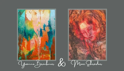 Ausstellung Veränderung Yvonne Brückner und Maxi Schröder Zwei Kunstwerke: links abstrakte Farben in Orange und Blau, rechts ein Porträt einer Frau mit roten Haaren.