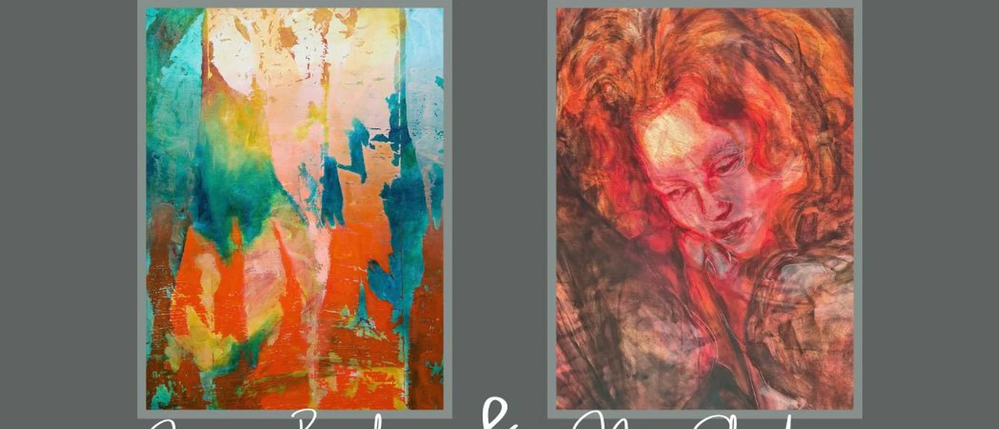 Ausstellung Veränderung Yvonne Brückner und Maxi Schröder Zwei Kunstwerke: links abstrakte Farben in Orange und Blau, rechts ein Porträt einer Frau mit roten Haaren.