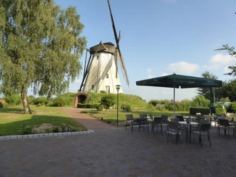 GroĂŸenheerser MĂ¼hle MĂ¼hle mit groĂŸen FlĂ¼geln, umgeben von grĂ¼nem Rasen, neben einer Terrasse mit StĂ¼hlen und Tischen.
