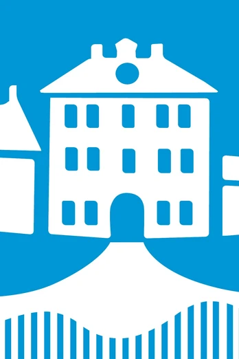 Weißes stilisiertes Gebäude mit drei Stockwerken vor blauem Hintergrund, umgeben von Linien.