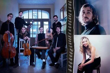 Art Songs from Latin America A musical ensemble featuring a cello, violin, harp, flute, and guitar, along with two portrait photos