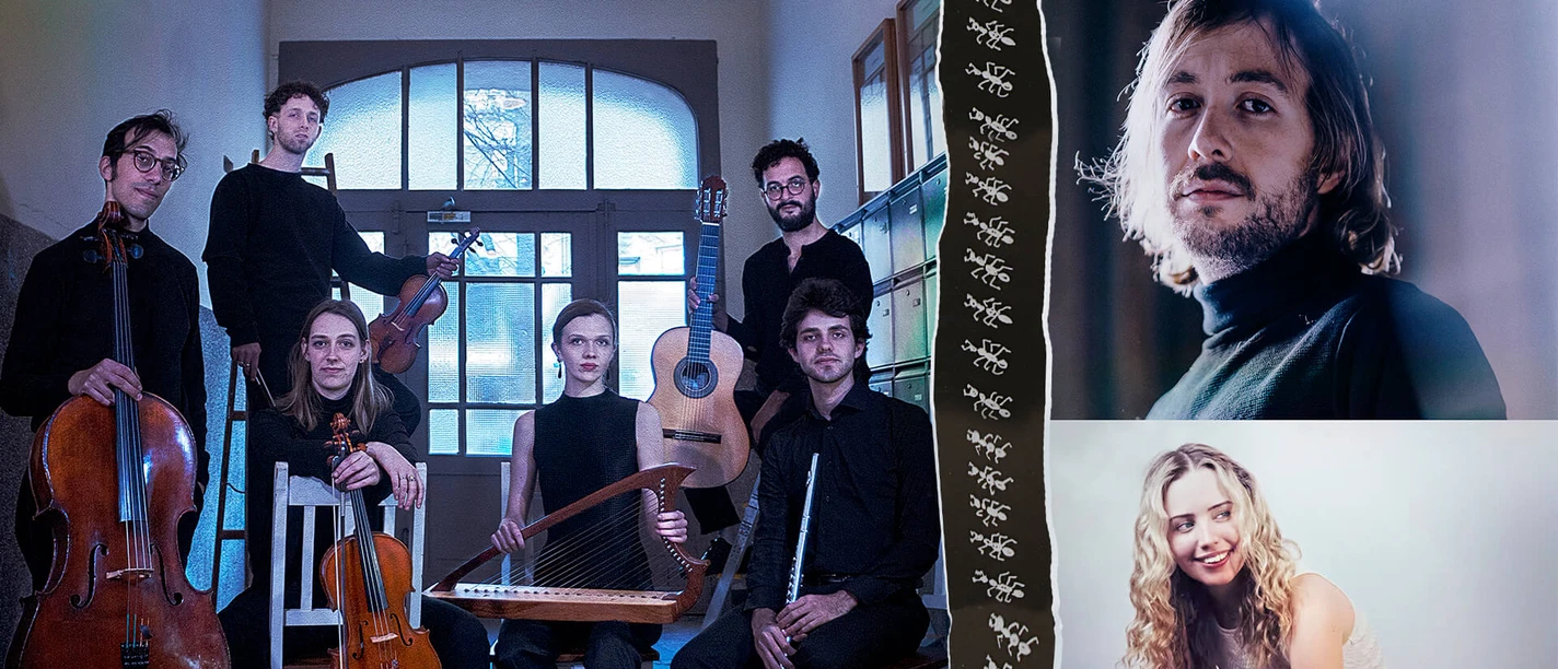 Art Songs from Latin America A musical ensemble featuring a cello, violin, harp, flute, and guitar, along with two portrait photos