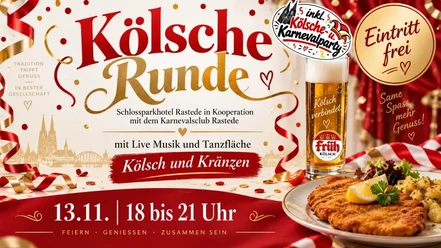 Plakat zur Kölschen Runde Plakat zur Kölschen Runde mit Kölschglas, Schnitzel, Konfetti und Eintritt frei
