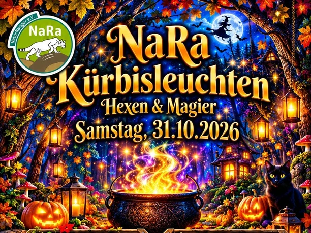 NaRa Kürbisleuchten 2026 Buntes Plakat zum NaRa Kürbisleuchten 2026 mit Hexenwald, Laternen und leuchtenden Kürbissen