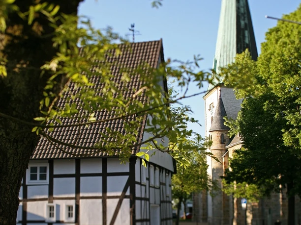 Café zur Linde und die Kirche St. Lambertus Langenberg Fachwerkhaus „Café zur Linde“ neben der steilen Kirchturmspitze der St. Lambertus-Kirche, umrahmt von Bäumen.