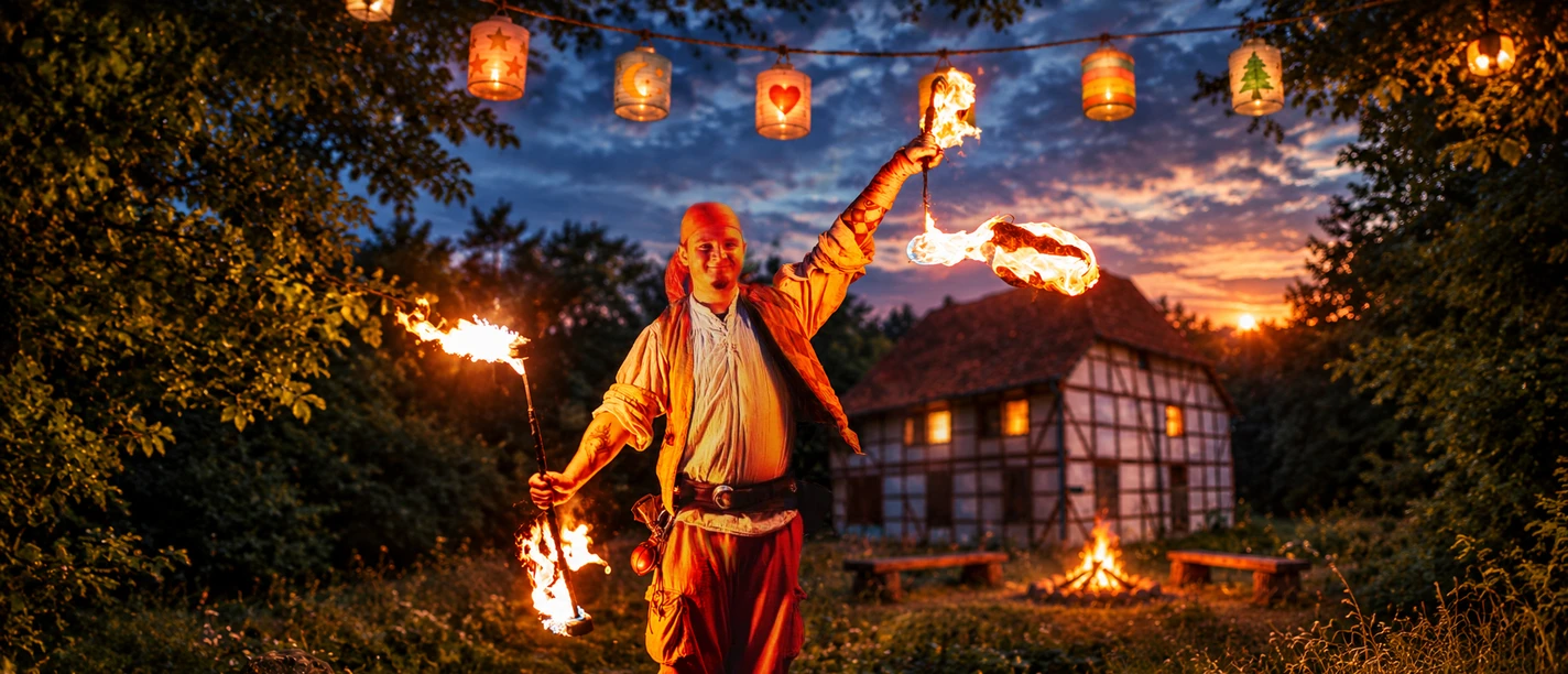 Magische Mühle Feuerkünstler mit brennenden Fackeln vor einem Fachwerkhaus mit Lagerfeuer bei Dämmerung.
