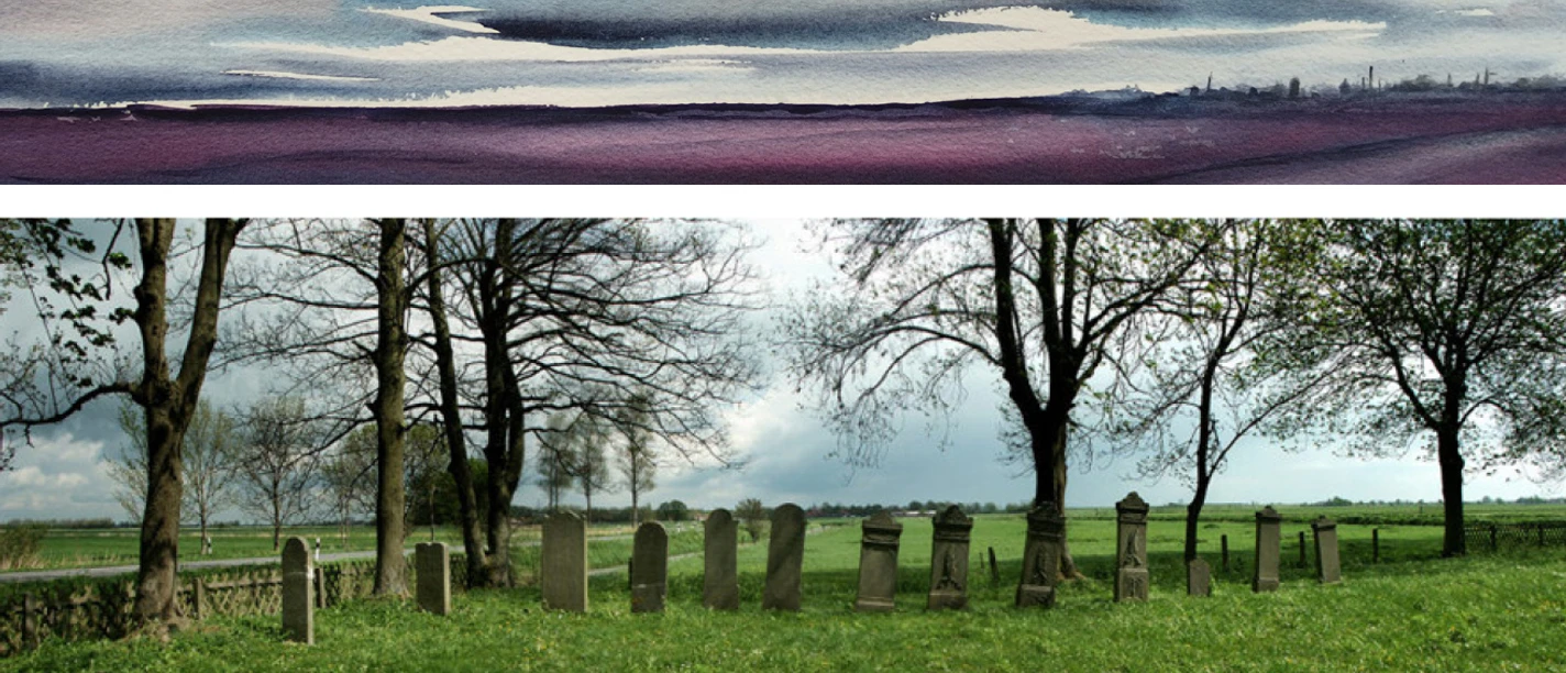 Renate + Michael Schildmann.jpg Aquarellhimmel über Landschaft und Foto alter Grabsteine unter Bäumen.