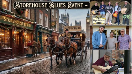 StoreHouse.jpg Collage zum Storehouse Blues Event mit winterlicher Straßenszene und auftretenden Musikern.