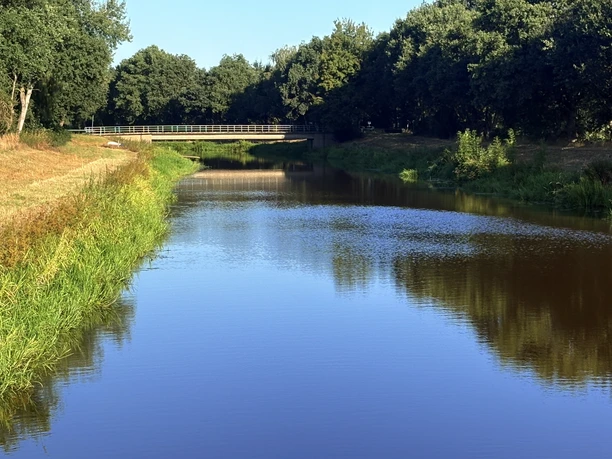 Wehr Loge1.jpeg Wehr an der Großen Aue mit Brücke, ruhigem Wasser und dichtem Ufergrün.