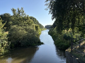 Wehr Varrel (4).jpeg Große Aue am Wehr Varrel, von Bäumen gesäumt, unter blauem Himmel.