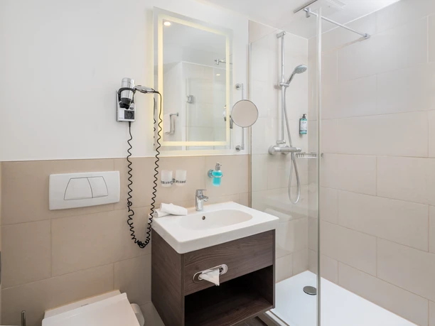 GenoHotel_Bad (je Kategorie) Ein kleines Badezimmer ist abgebildet mit Toilette, Dusche, Waschtisch, Spiegel und Fön.