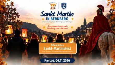 Sankt Martin in Bernberg Plakat zum Sankt-Martinsfest in Bernberg 2026 mit Laternenzug und Reiter in rotem Mantel