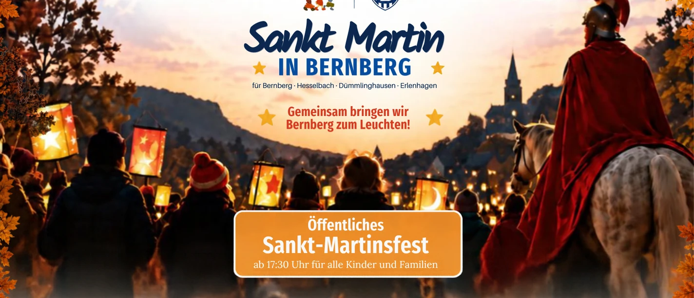 Sankt Martin in Bernberg Plakat zum Sankt-Martinsfest in Bernberg 2026 mit Laternenzug und Reiter in rotem Mantel