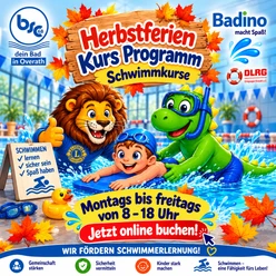 Schwimmkurs Bunter Flyer für Herbstferien-Schwimmkurse mit Kind, Löwe und Dino im Freizeitbad