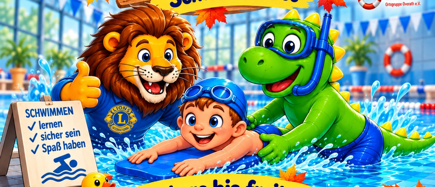 Schwimmkurs Bunter Flyer für Herbstferien-Schwimmkurse mit Kind, Löwe und Dino im Freizeitbad