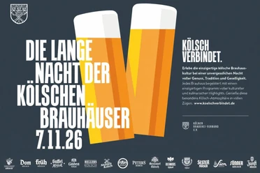Die Lange Nacht der Kölschen Brauhäuser Plakat zur Langen Nacht der Kölschen Brauhäuser am 7.11.26 mit zwei Kölschgläsern