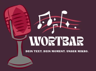 WortBar Illustration in weinrot. Sie zeigt ein Mikrophone, Noten und unter anderem das Wort "WortBar"